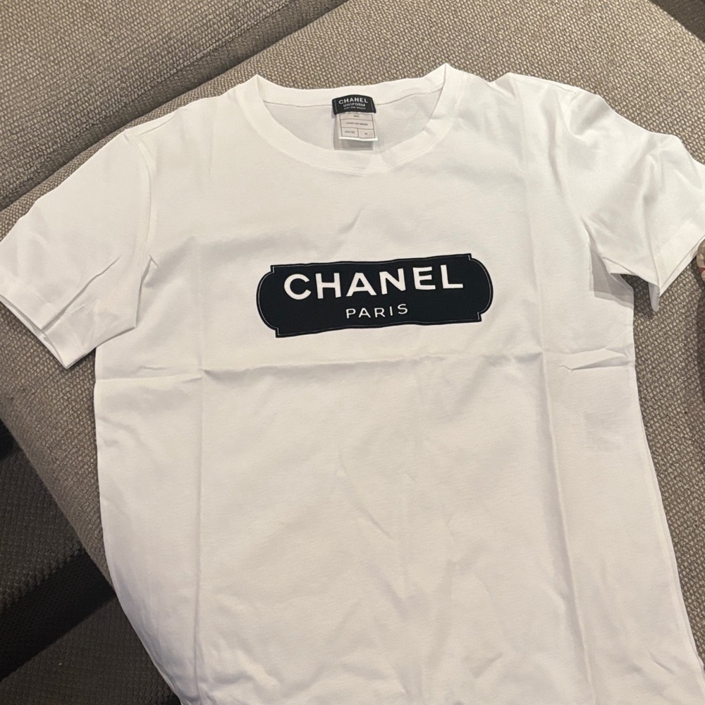 CHANEL White Tee with Black Logo